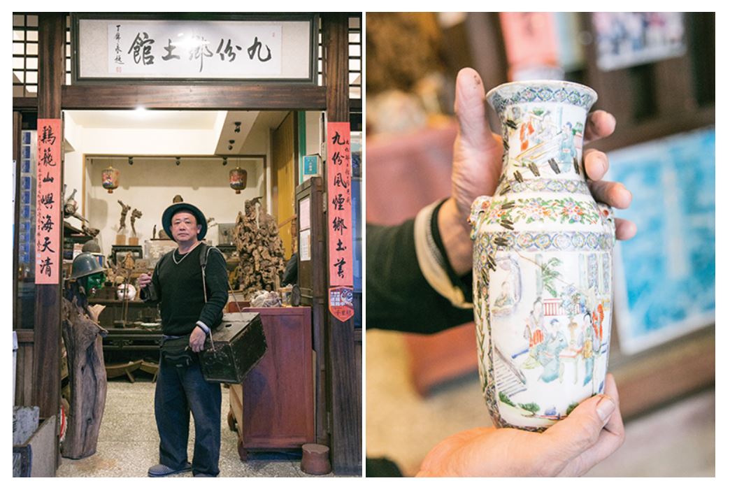 左圖：背負著全套鋦匠裝備的賴志賢。  /  右圖：佈滿鋦釘、如藝術品般的古董花瓶，為賴志賢的珍藏之一。