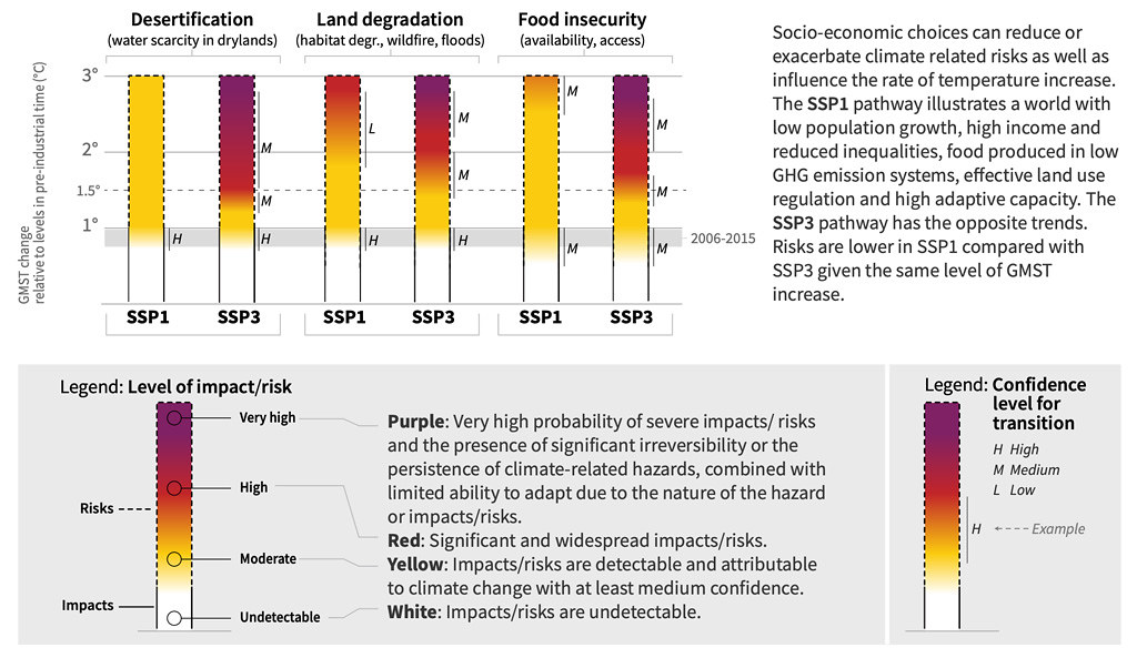 Figure showing how different socioeconomic pathways (SSP1 and SSP3) will affect climate-related risks. The colours represent levels of impact/risk, with purple meaning very high risks and the presence of “significant irreversibility”, climate-related hazards and limited ability to adapt, and white indicating no impacts that are detectable and attributable to climate change. Letters represent the level of confidence in the findings (with “L” representing low, “M” representing medium and “H” representing high). Source: IPCC land report, Figure SPM. 2b.