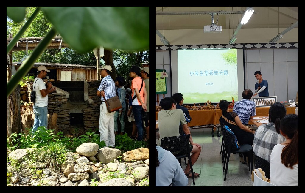 左：深活共構帶領大家了解原住民傳統文化。右：林志忠老師分享他多年來的小米研究報告。攝影：王人平