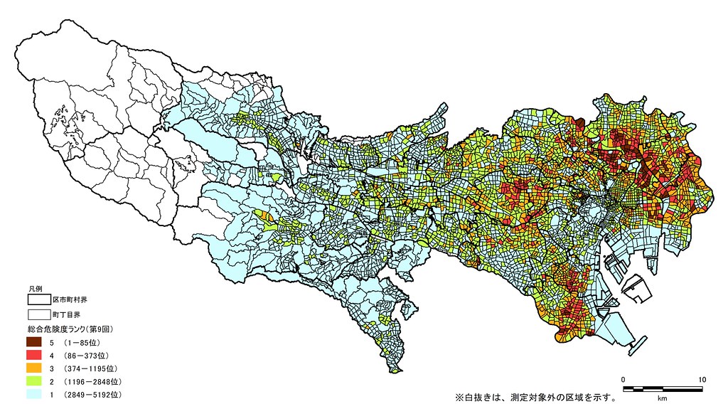 東京的地域危險度地圖。地圖東半部為東京23區,其中危險度較高的地方,分布在荒川、墨田、足立等區。圖片來源:東京都都市整備局市街地整備部防災都市づくり課