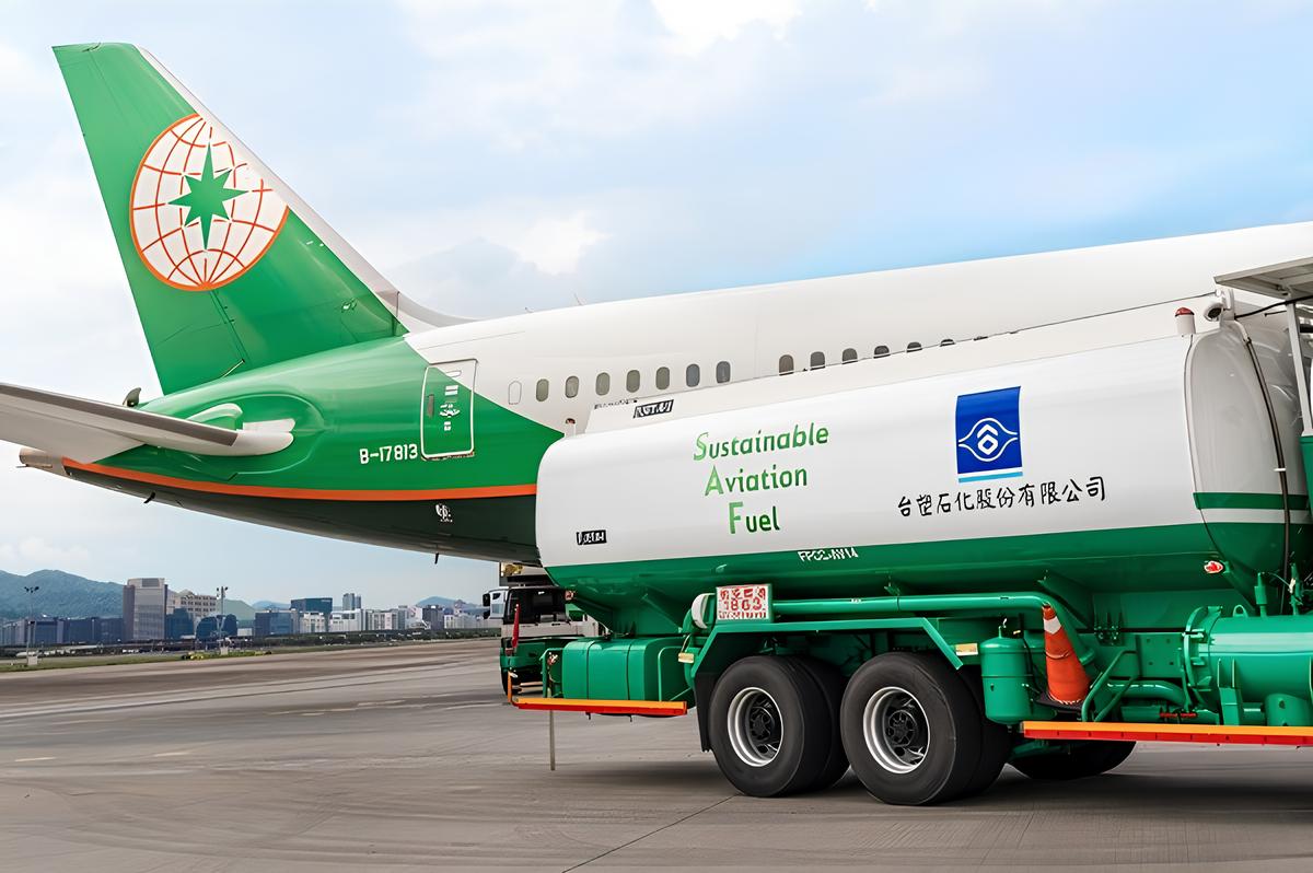 為依循歐盟永續航空燃油供應政策，長榮航空今年4月成功添加由台塑石化自產的永續航空燃油，正式開啟台灣本地機場永續航空燃油應用的新紀元。圖片來源：長榮航空新聞稿