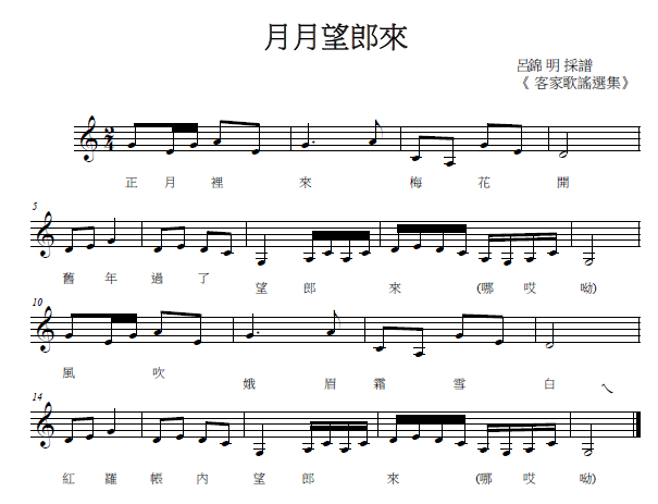 圖1，客家下南調歌曲〈月月望郎來〉。